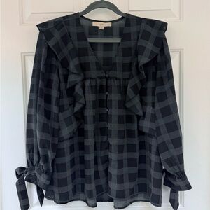 LOFT Women's Black Plaid Ruffle Blouse, V-neck and buttons up the front, size M